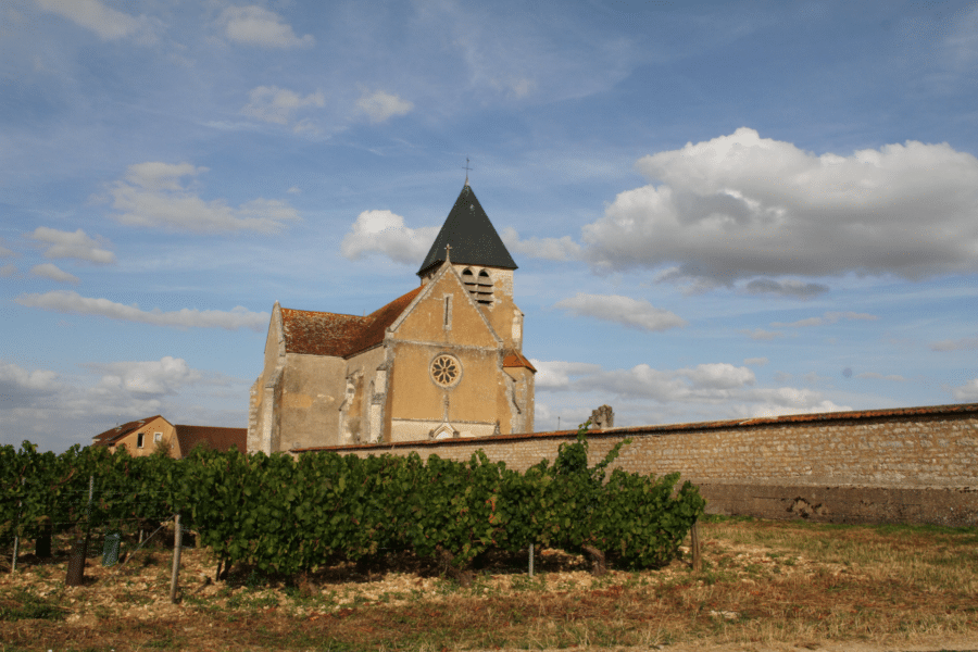 Vue sur l'Eglise de Préhy avec un aperçu sur les vignes